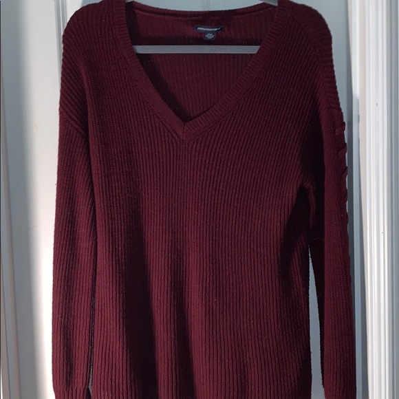 AE Burgundy Laced Tie-Sleeve V-Neck Sweater - Picture 2 of 4